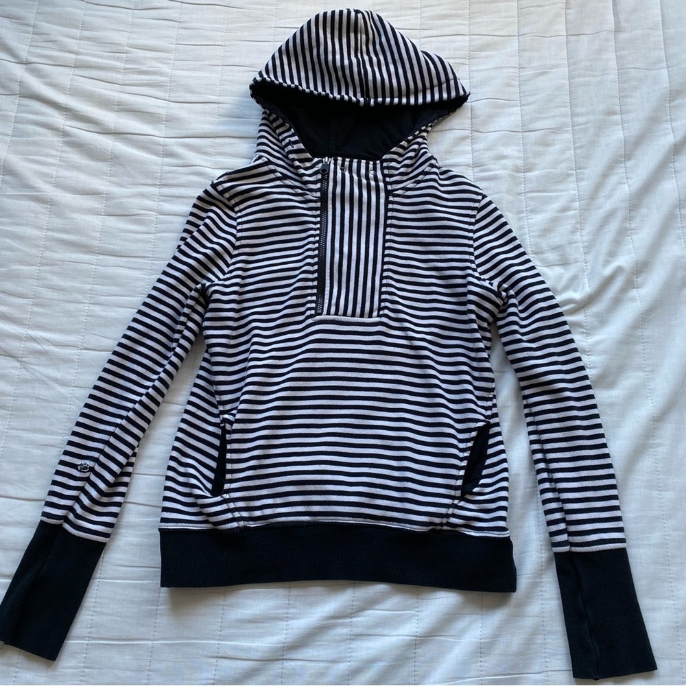 Fox Black & White Striped Quarter Zip Hooded Sweater
